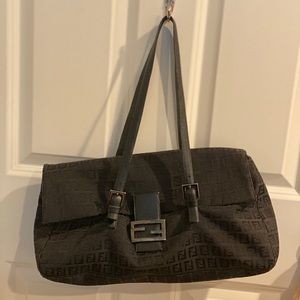 Black Fendi Zucchino Canvas Shoulder Bag.